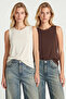 2-Pack Sleeveless Viscose Blouse Lrn0010 Brown White