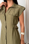 Women's Khaki Side Belted Lined Sleeveless Summer Midi Dress - 3
