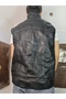Men's Patchwork Vest with Fur Inside and Genuine Leather on the Outside, Sheep Wool Collar, Piping and Knitwear Detailing - 6