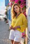 Women's Alaçatı Linen Yellow Washed Linen Mesh Tied Hooded Blouse