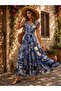 Women's Short Sleeved Double Collar Waist Giped Patterned Single Jersey Long Dress