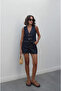 Women's Dark Navy Blue Belt-Detached Denim Vest and Shorts Set - 3