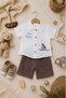 Boys' 100% Cotton Muslin Embroidered Shirt and Shorts Summer 2-Piece Set - White-Brown 9-18 Months