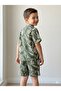 Boys' Khaki Green Leaf Patterned Linen Look Shirt and Shorts Set - 2