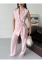 Women's Blazer Vest and Pantalon Set with a Wide Fabric Belt Tied at the Waist - 6