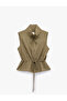 Zippered, Tie-Waist Detailed, Sleeveless, High-Neck Linen Vest - 3
