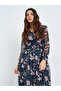 Navy Floral Midi Dress with Long Sleeves - 2