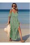 Women's green floral print maxi dress with straps and slit detail - summer casual dress
