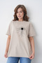 Women's Technology Themed Cyber Processor Circuit Printed Round Neck Beige Color Casual T-Shirt