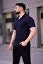 Men's Waffle Fabric Short Sleeve Buttoned Open Collar Regular Fit Shirt - Navy Blue