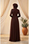 Stone Tulle Hijab Evening Dress 5723-01 Brown - 5
