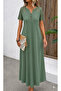 Women's Button Collar Sleeve Lace Detailed Long Summer Waffle Dress - 2