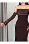 Brown Satin Evening Dress with Sleeve Detail - 7
