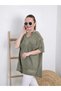 Women's Khaki Mesh Detailed Cotton Linen Blouse Bohemian Loose Tunic - 2