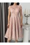 Powder Shoulder Detailed Lace Embroidered Sequined Midi Evening Dress - 4