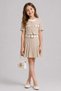 Girl's Ruffled Square Collar Ribbon Pocket Detailed Top with Elastic Waist Pleated Cream Skirt Set
