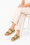 Women’s Sandals-Olive Green Leather Slide Sandals with Gold Chain Detail – Casual Flat Platform Slippers for Women