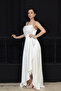 Degaje Collar Asymmetrical Cut Satin Evening Dress - Cream - 5