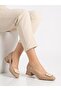Women's Cream Thick Heel Comfortable Fit Heeled Ballerina Shoes - 3