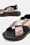 Women's Black Platinum Genuine Leather 36-41 Size Flat Sole Elastic Daily Sandals - 3