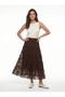 Bitter Brown Self-Patterned Elastic Waist Comfortable Cut Layered Design Lined Midi Skirt - 2