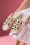 Riot Beige Wrinkled Patent Leather Slippers with Gold Drop Accessories - 3