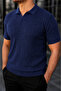 Men's Casual Striped Navy Blue Knitwear Polo Neck T-Shirt - 4
