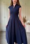 V-Neck Waist-Slit Flared Midi Diver Fabric Navy Blue Dress - 7