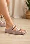 Women's Thick-Soled Comfortable Daily Slippers with Three Fluffy Straps and Gold Bow Accessories - 2
