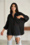 Women's Black Cotton Oversize Short Sleeve Shirt Wide Fit Loose Blouse - 3