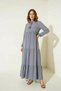 Women's High Collar Gathered Waist Ruffled Lace-Up Gray Hijab Dress - 3