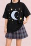 Women's Kawaii Moon and Star Printed Oversize Crew Neck Cotton Casual Combed Cotton T-Shirt