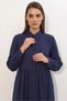 Women's Shirt Collar, Gathered Waist, Balloon Sleeves, Buttoned, Navy Blue, Hijab Dress - 2