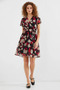 Women's Short Sleeve Gathered Waist Floral Patterned Chiffon Burgundy Dress - 2