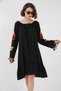 Women's Wide Round Neck Tassel Sleeve Embroidered Floral Pattern Viscose Black Dress