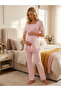 New Season Women's Pink Lace Detailed Breastfeeding-Enabled Buttoned Special Design 100% Cotton Maternity Pajama Set - 8