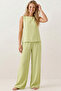 Pistachio Green Thick Strap Blouse Elastic Waist Pants Woven Modal Top and Bottom Set 8051 - 3