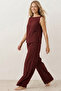 Burgundy Thick Strap Blouse Elastic Waist Pants Woven Modal Top-Bottom Set 8051 - 2