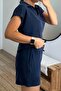 Navy Blue Oysho Fabric Modal Polo Collar Tshirt Shorts Set