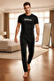 Men's Short Sleeve Black Color Pajama Set with Writing on the Front - 2