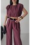 Women's Summer Belted Trousers and Crop Blouse Set Burgundy - 5