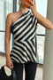 Women's Lined One-Shoulder Detailed Black Striped Satin Blouse - 2