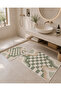 Beige Green Checkered and Wave Patterned Bath Mat with Velvet Dot Base