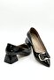 Bella Women's Black H-Buckle Accessory Pointed Toe Shiny Patent Leather Geometric Thick Square Heel Comfortable Office Stiletto - 3