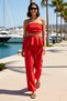 Women's Strapless Peplum Detailed Wide Leg Long Knitted Suit Soft Touch Fabric Comfortable Cut Casual Modern