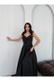 Black Floral Strap Draped Skirt Pleated Long Evening Dress - 5
