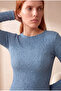 Women's Blue Textured Wrinkled Regular Fit Crew Neck Long Sleeve Blouse Margarida - 4