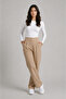 Beige High Waist Pocketed Buttoned Lycra Women's Palazzo Trousers - 3