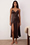 Brown Slit and Button Detailed Strap Satin Woven Nightgown - 3