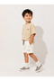 Boy's 100% Cotton Minimal Printed Adjustable Waist Lace-Up Basic Shorts Two-Piece Set [Beige] - 3